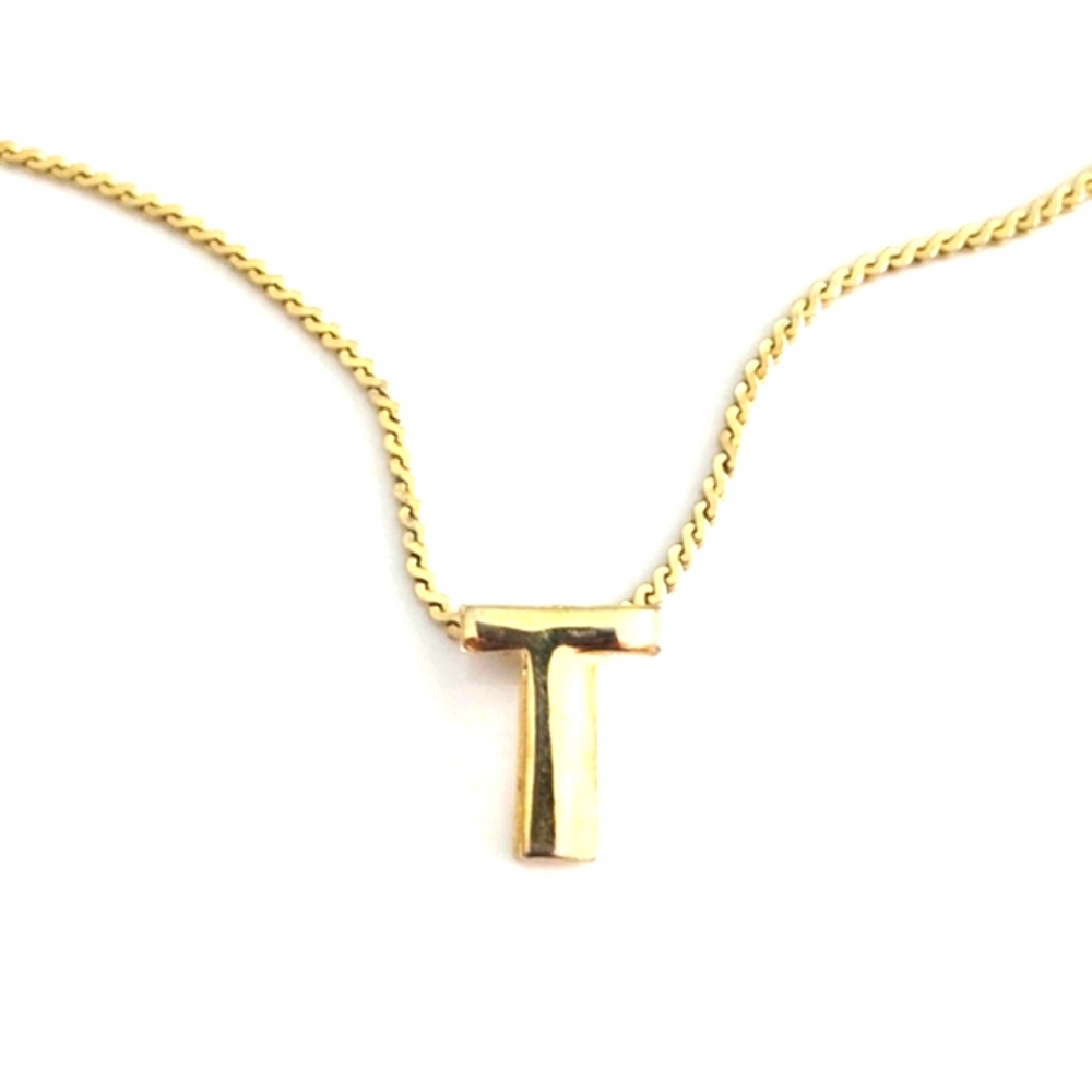 Vintage Gold Tone Initial T Pendant Necklace Minimalist Letter Charm